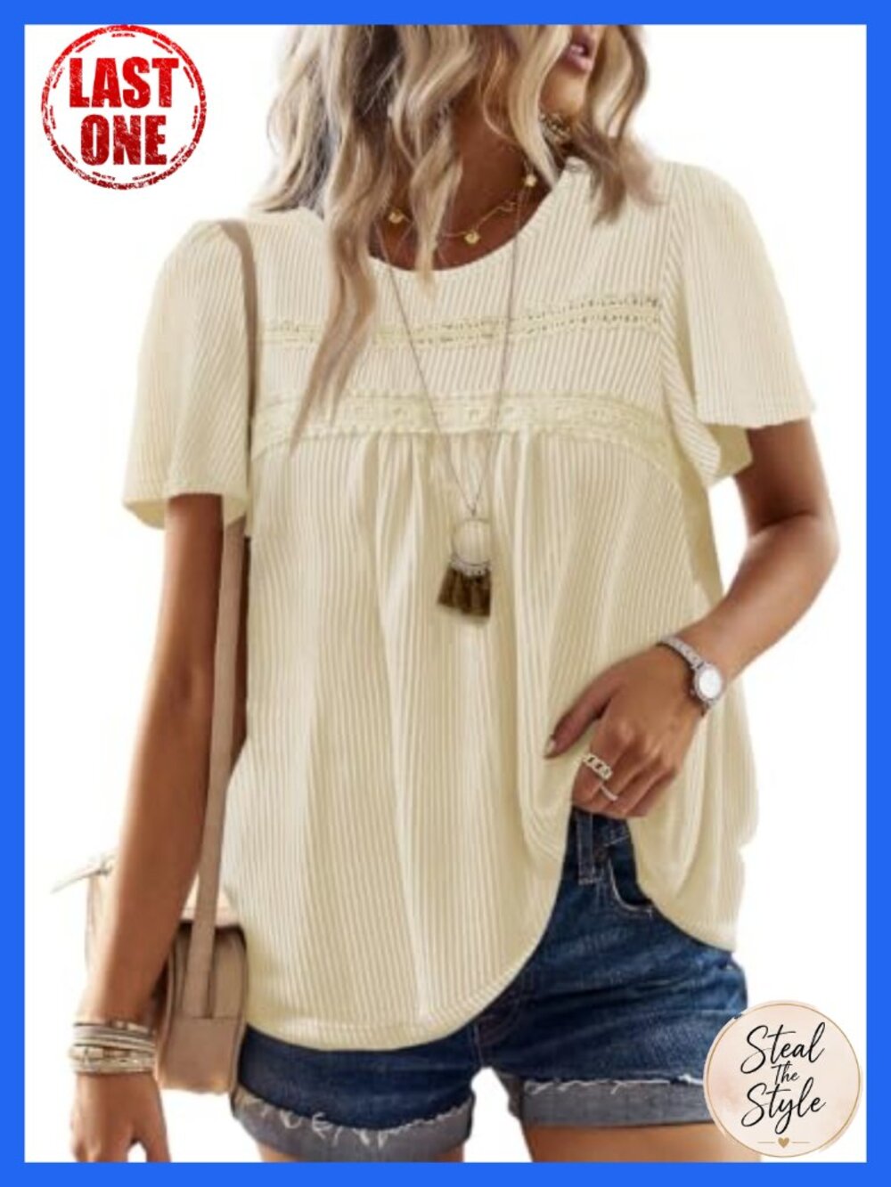 Ribbed Crochet Short Sleeve Boho Tunic Top Loose Fit Summer Blouse